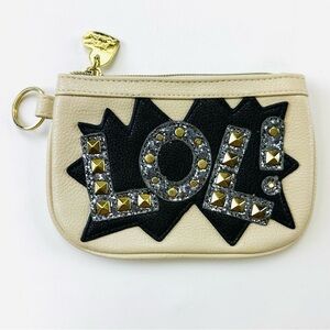 Betsey Johnson cream black LOL studded zip top coin, key, debit/credit card case